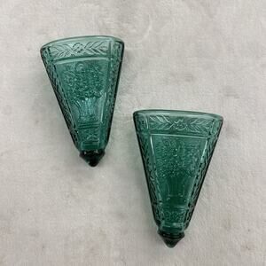 2) Vintage Green Tiara Glass Exclusive Wall Pocket Vase, Item #909, 6"x4"x1.50"